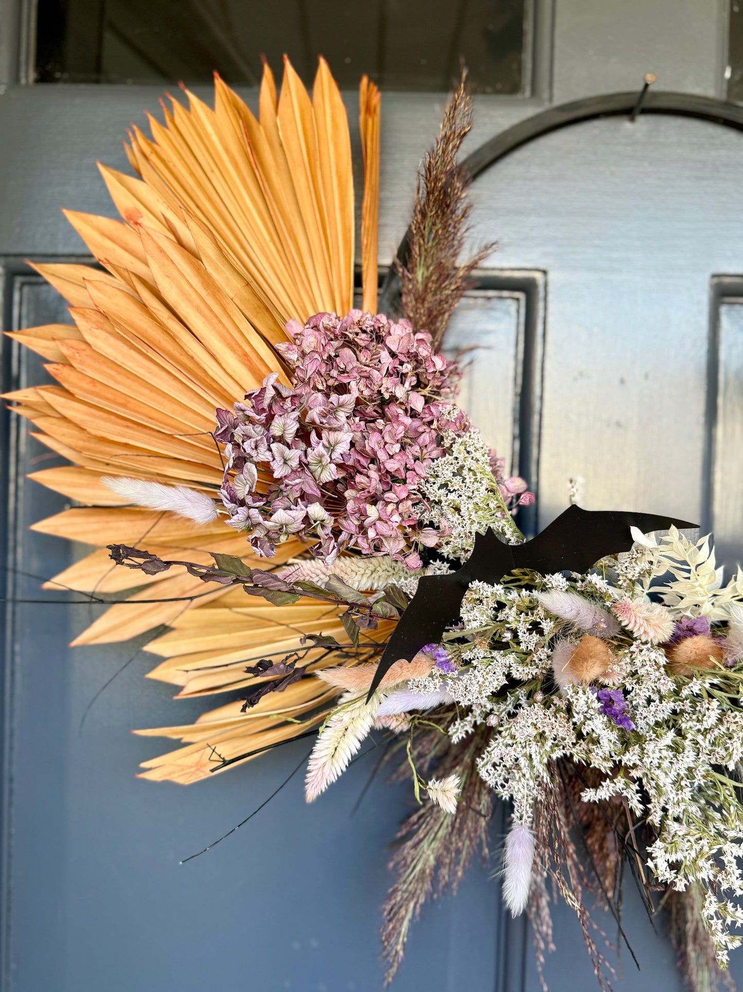 Spooky Halloween Hydrangeas and Bats - dried and preserved flower wreath - wall decor seasonal art