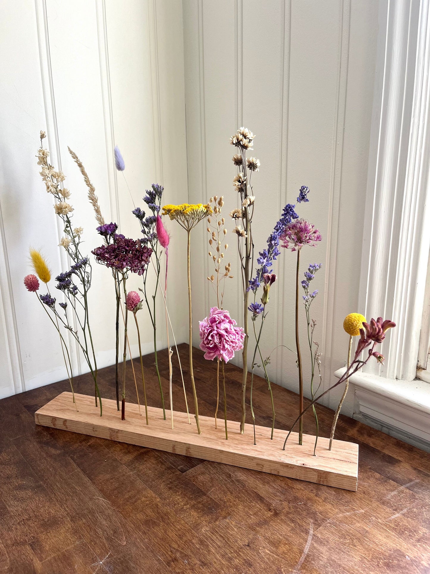 Botanical Board - Fuchsia Field - dried flowers, wooden arrangement, floral art - home, office and event decor - wall art