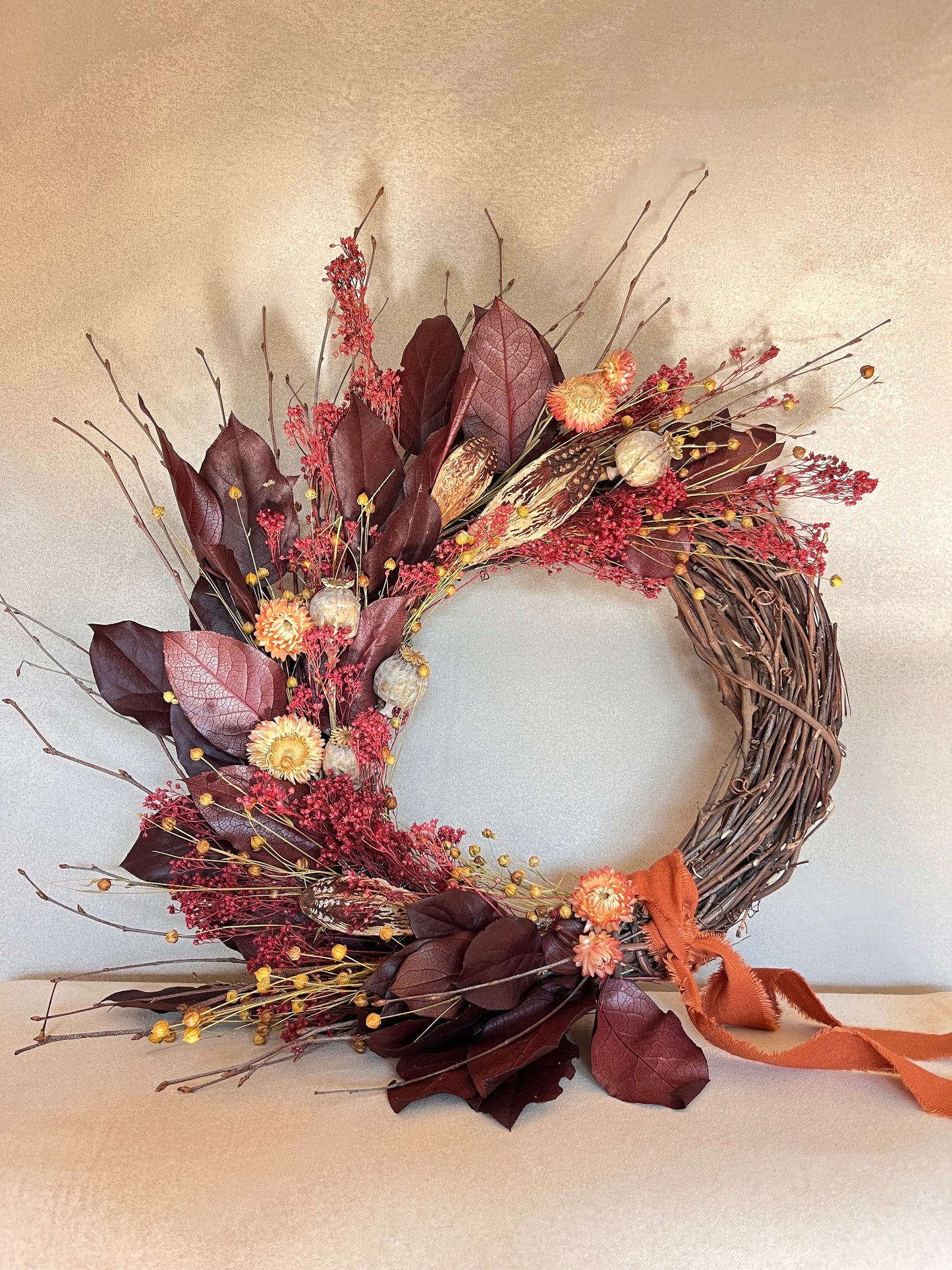 The Crimson - Dried and preserved flowers wreath - Fall wall art