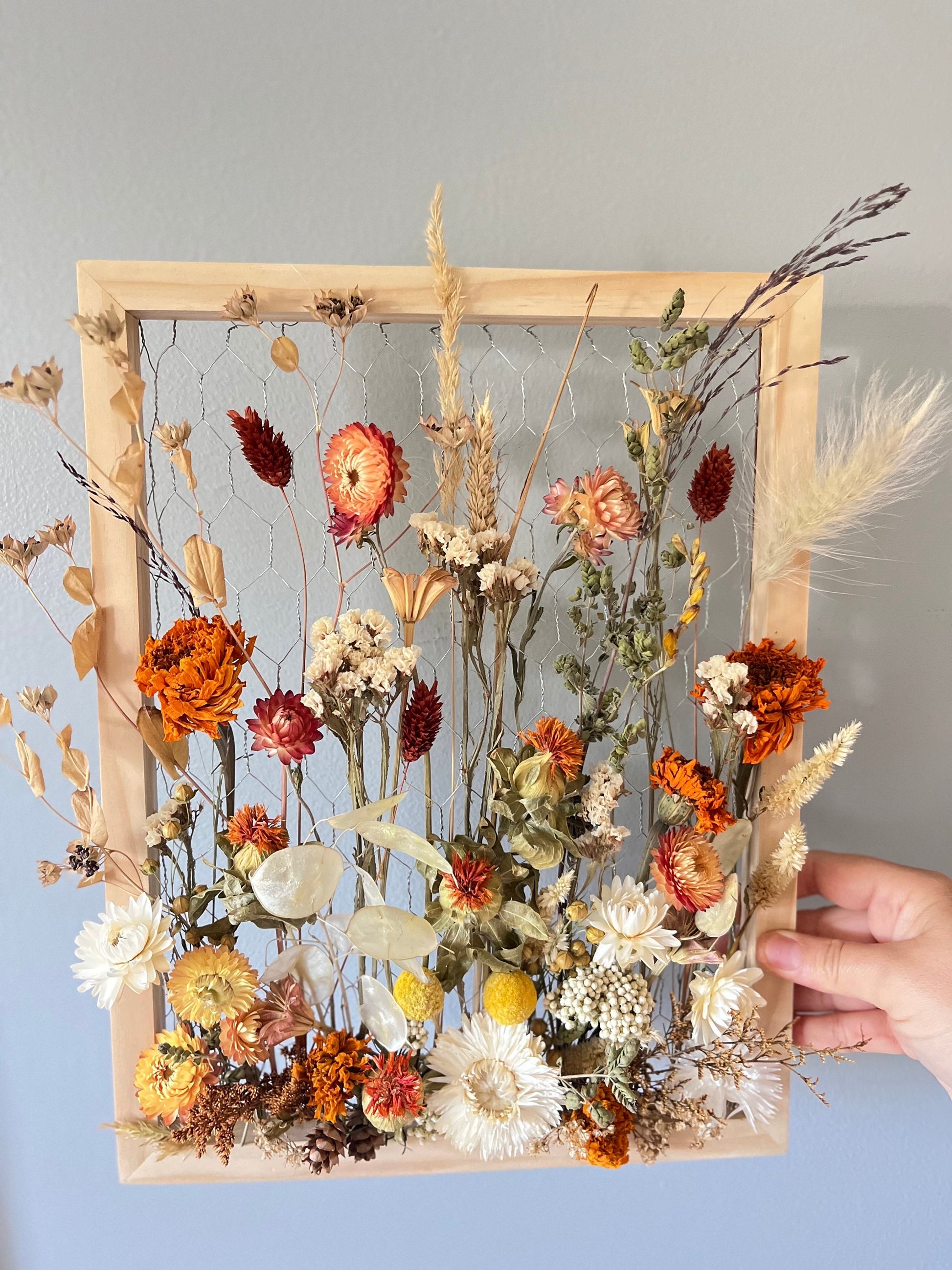 Fall dried flowers hang from a wooden frame secured by metal netting. Dried botanicals include strawflowers, marigolds, Zanzibar, lunaria and grasses. The frame is hung from the wall as a piece of wall art. Frame measures 11x14 and approx 5/8 deep.