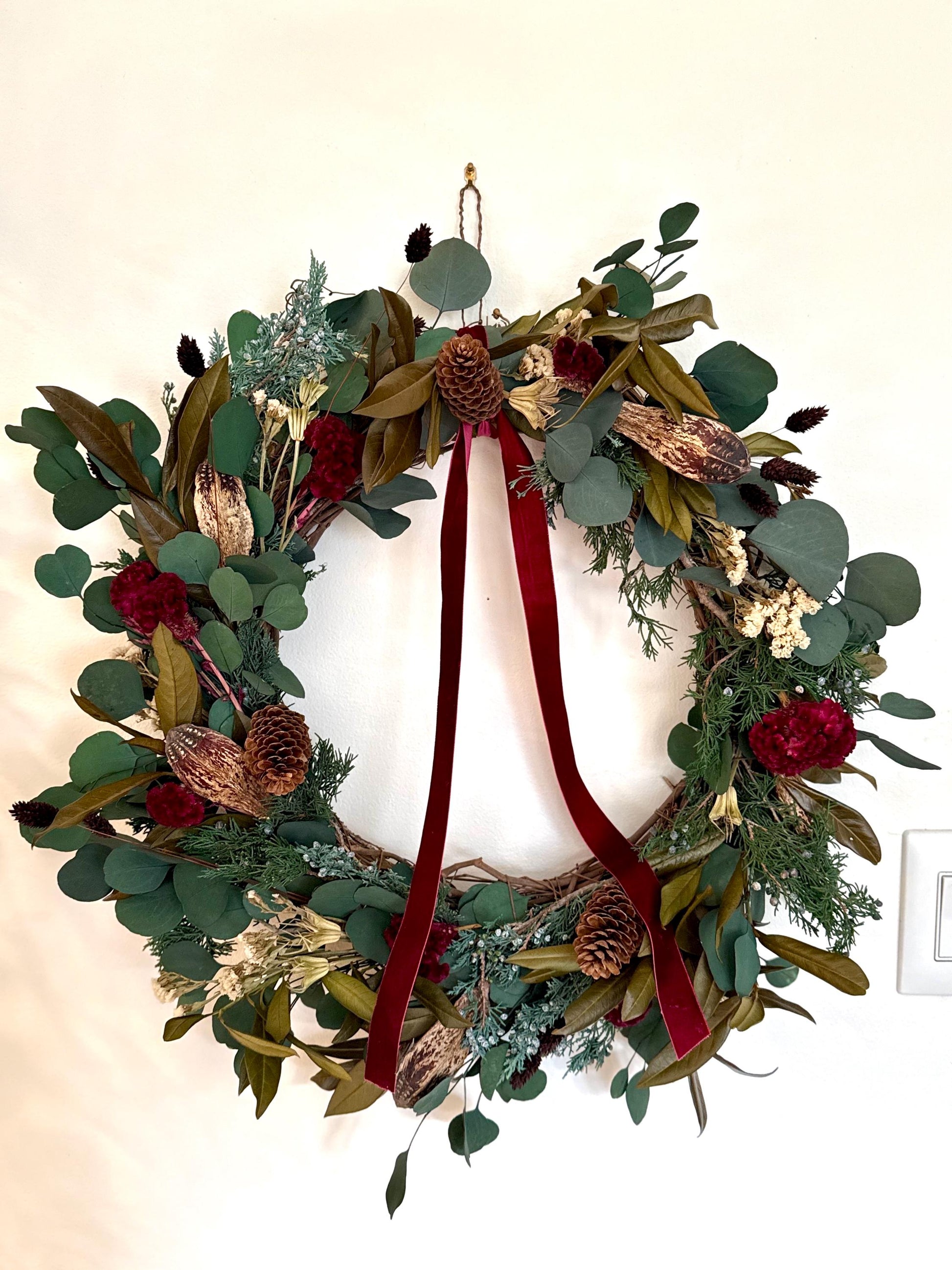 Holiday wreath featuring preserved eucalyptus and juniper, dried celosia, pods and pinecones and a gorgeous red wine velvet ribbon. 
Adorn a wall, mantel or sheltered door; this dried flower wreath is the perfect way to add beauty to your space.