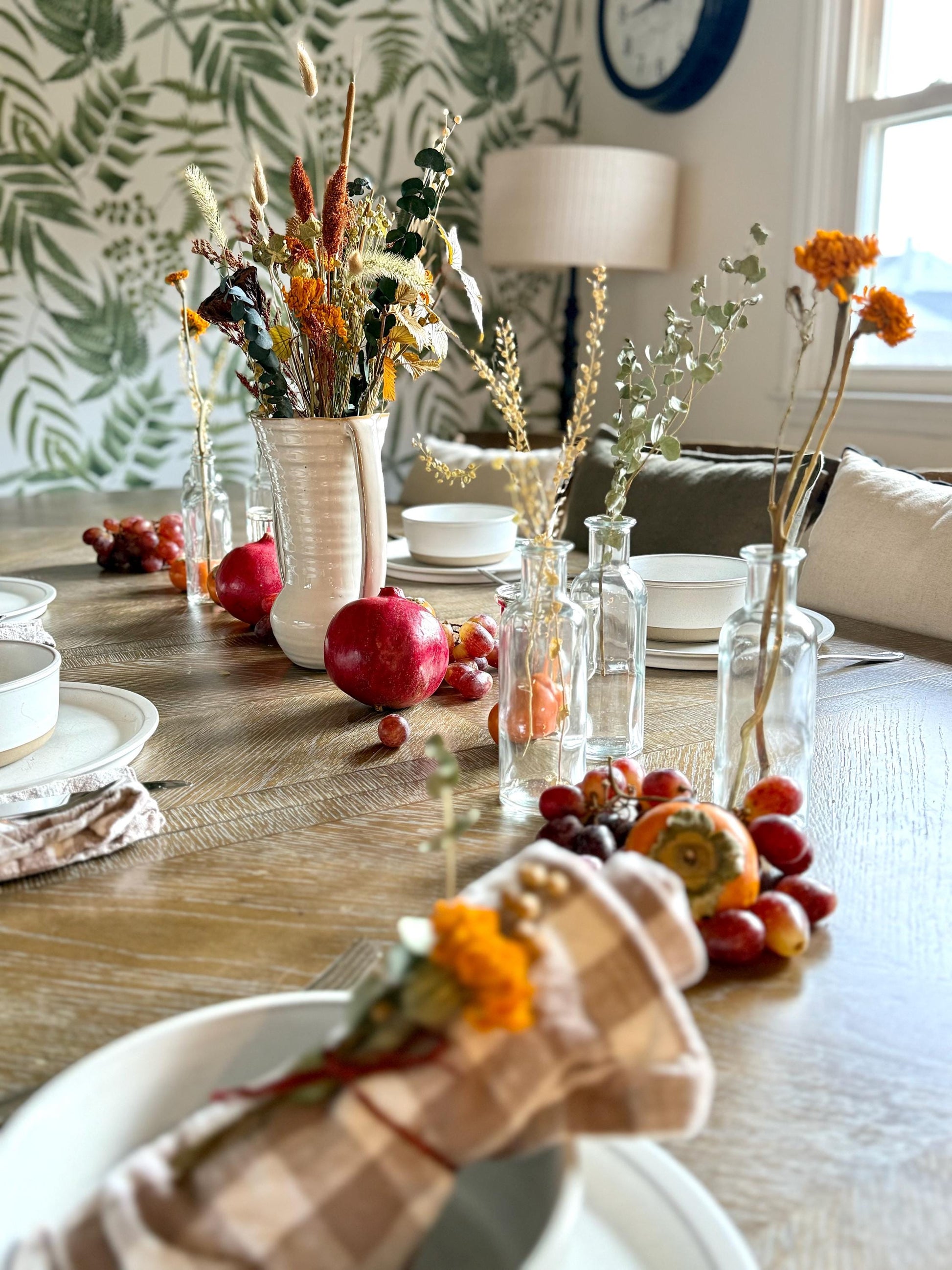 The Blissful bouquet is a stunning Fall inspired bouquet featuring preserved eucalyptus and magnolia, dried marigolds, millet, flax, pods and bunny tails. Stunning as a centerpiece for your Thanksgiving table or all year round for the Fall lovers.