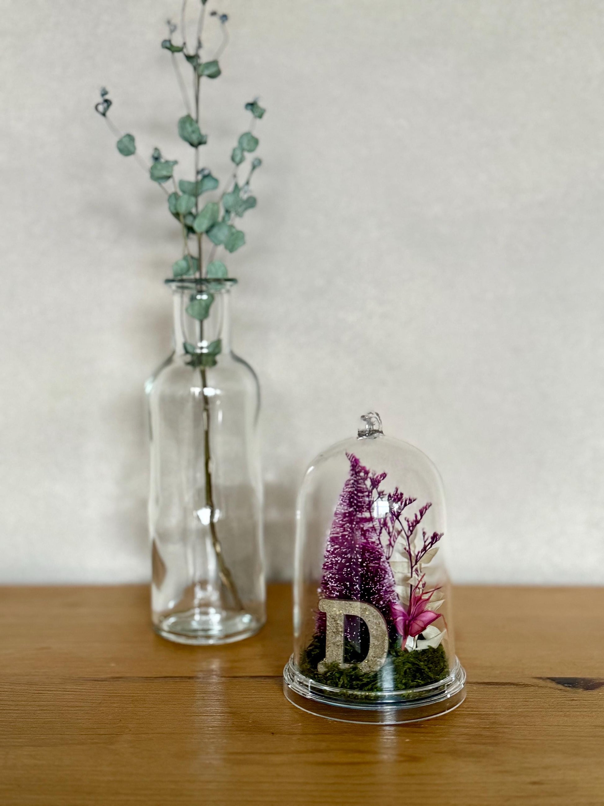 Personalized with initial Ornament - Preserved moss, caspia, nigella, bottlebrush tree and a sparkly gold wooden letter on a moss base; hung by a pine green color velvet ribbon.