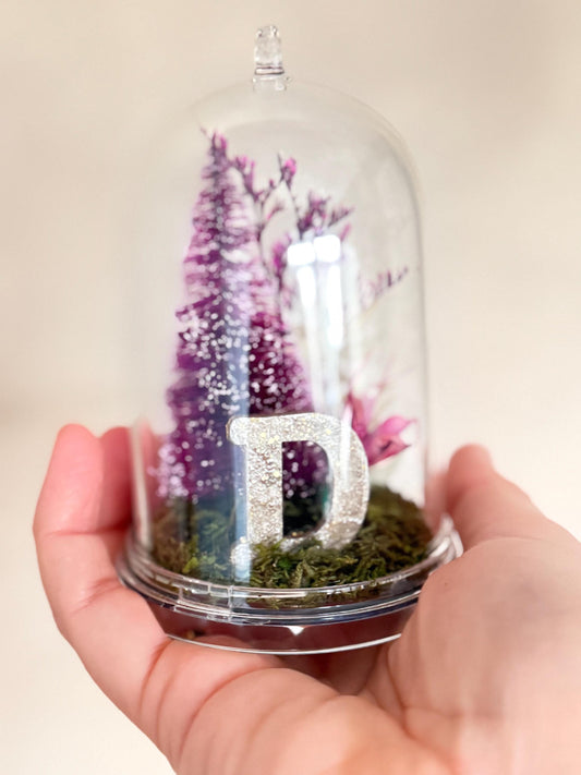 Personalized with initial Ornament - Preserved moss, caspia, nigella, bottlebrush tree and a sparkly gold wooden letter on a moss base; hung by a pine green color velvet ribbon.