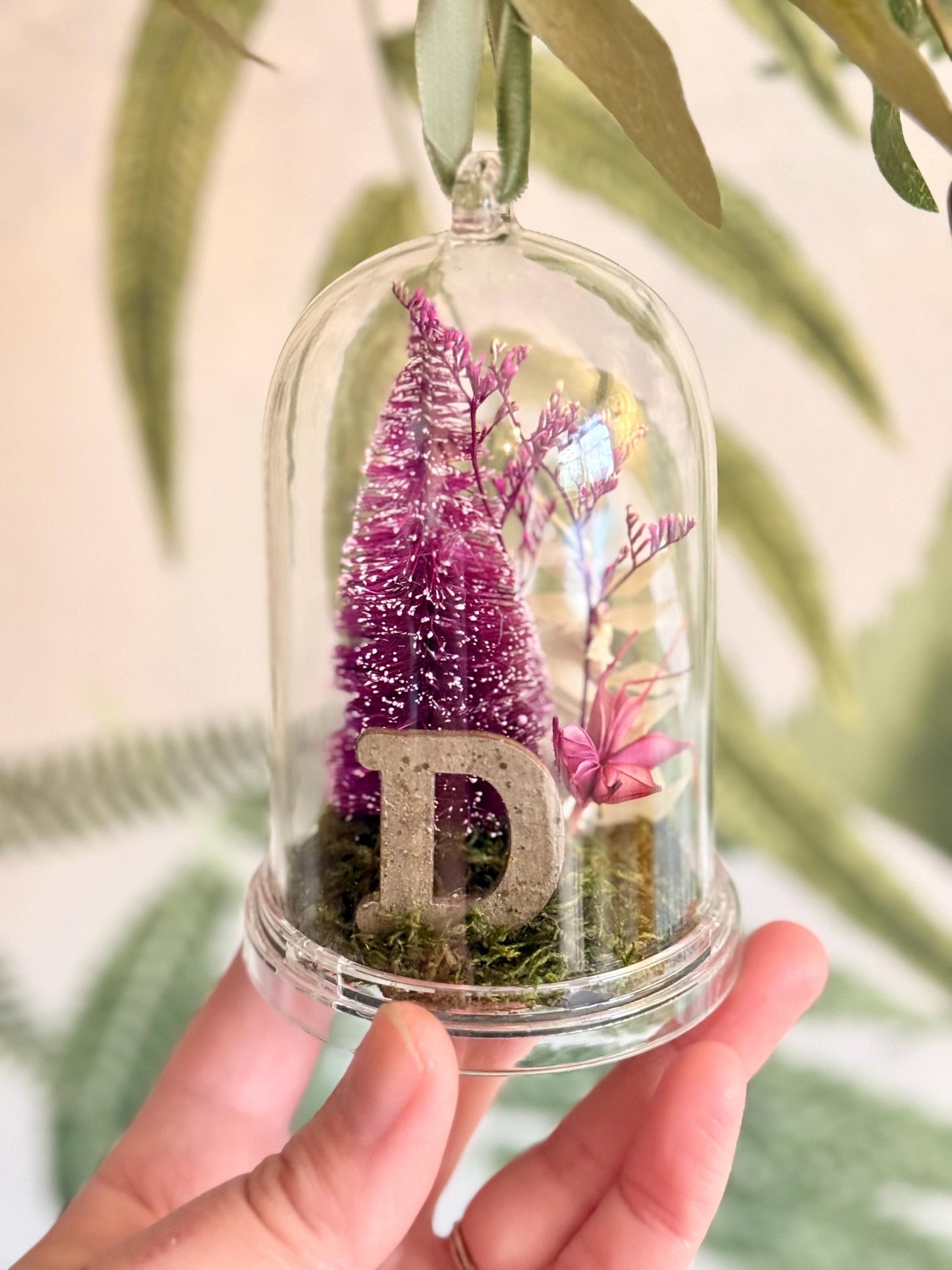 Personalized with initial Ornament - Preserved moss, caspia, nigella, bottlebrush tree and a sparkly gold wooden letter on a moss base; hung by a pine green color velvet ribbon.