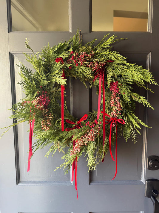 Red Velvet Wreath - Preserved Cedar Holiday Wreath