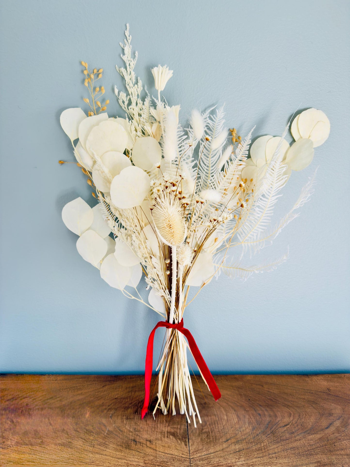 Dried Flower Bouquet "The Snowfall": eucalyptus, bunny tails, ferns, thistle